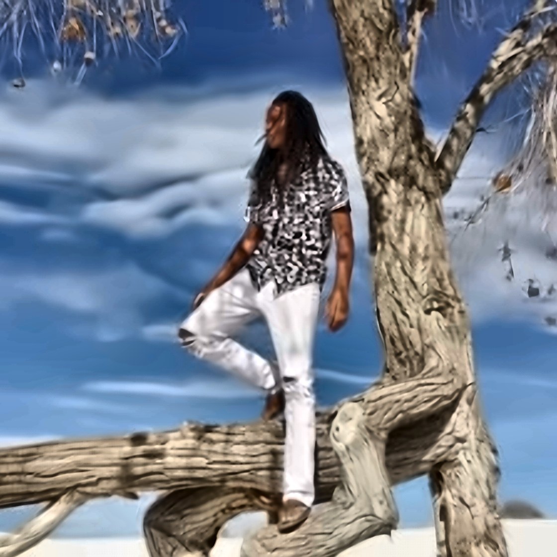 Aaron Aldana standing on a tree branch under a blue sky